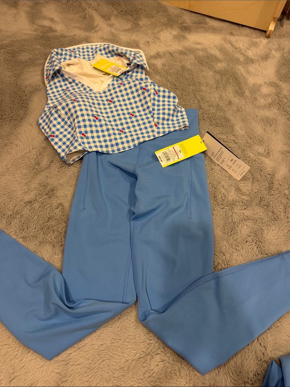 Blue High-Waist Pants XS with Gingham cherry Crop Top small